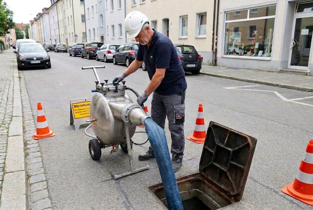 Techniker bedient die Inversionstrommel und führt einen blauen Schlauchliner in einen Kanalschacht ein