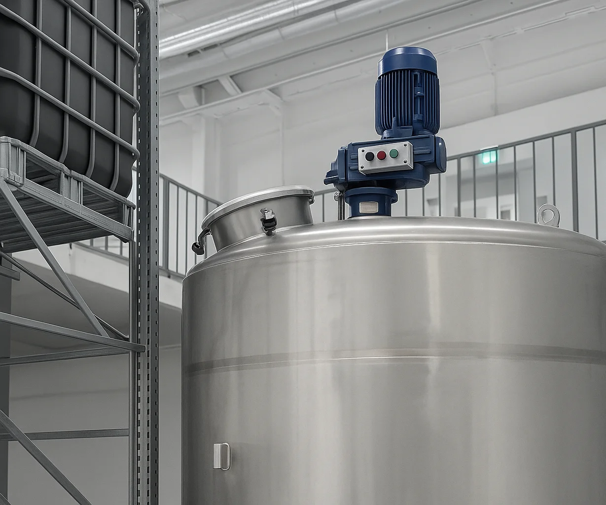 Stirred reactor with motor and IBC container in production at PS Resins, Pirmasens